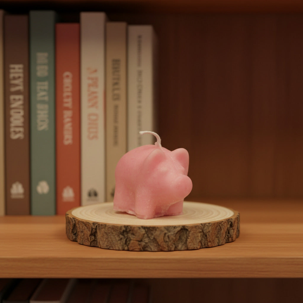 pink tiny pig candle (1.5" tall) on a disk of wood in a bookwshel