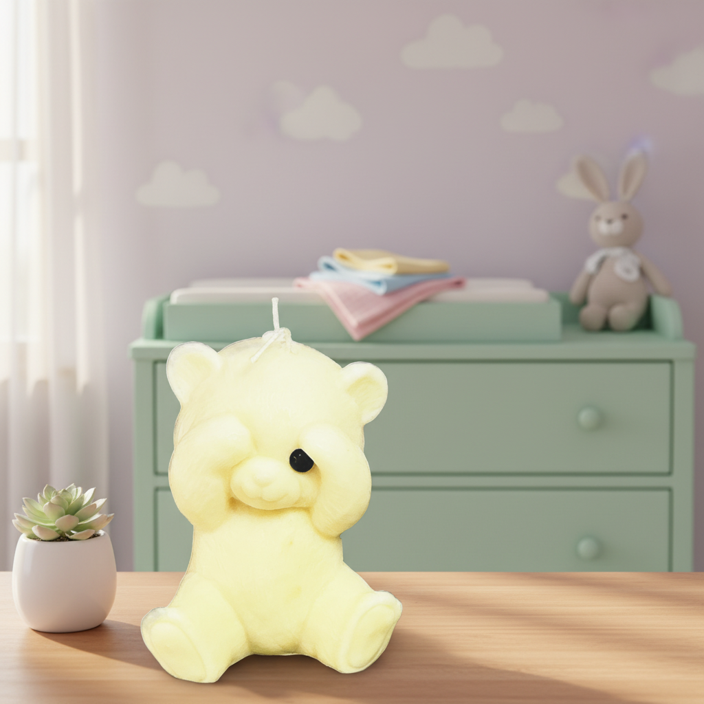 Peek-A-Boo Teddy candle on a counter in a nursery