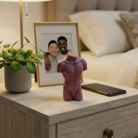 a brown male torso candle on a night stand