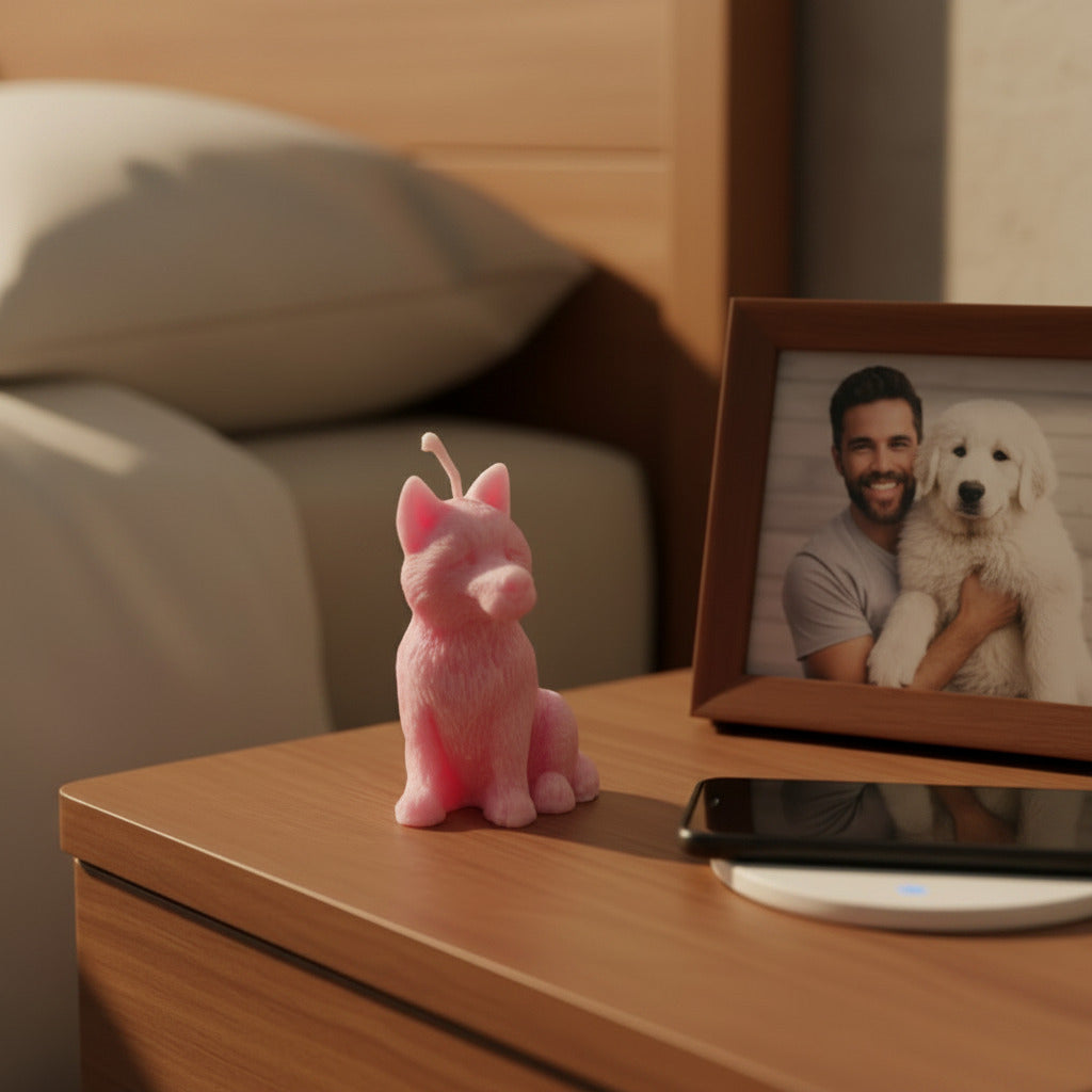 a pink small husky candle on a nightstand with phone and photo