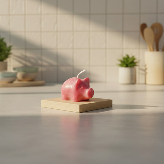 a tiny red pig candle (1.5" tall) on a wooden board on a kitchen counter