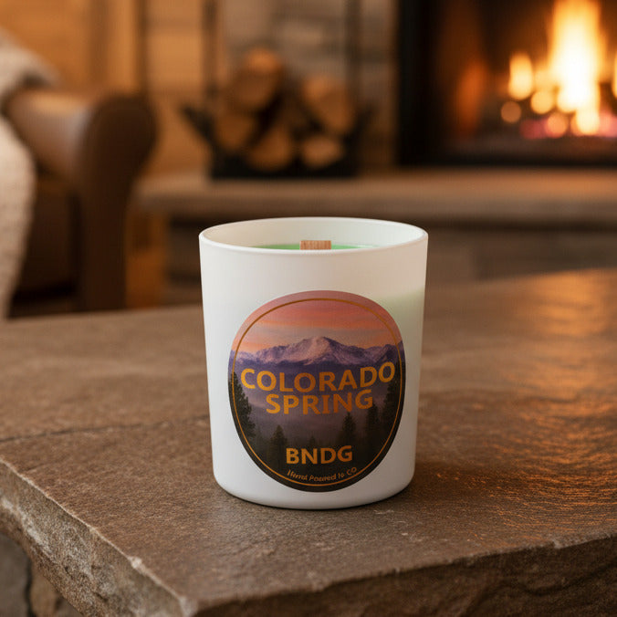 White candle jar on a stone table in front of a fireplace