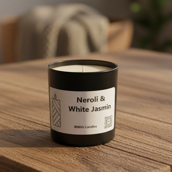 Black Jar candle on a wooden table
