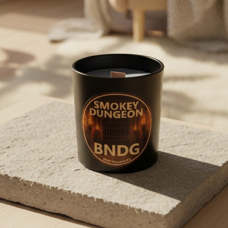 Black candle jar in stone slab in living room