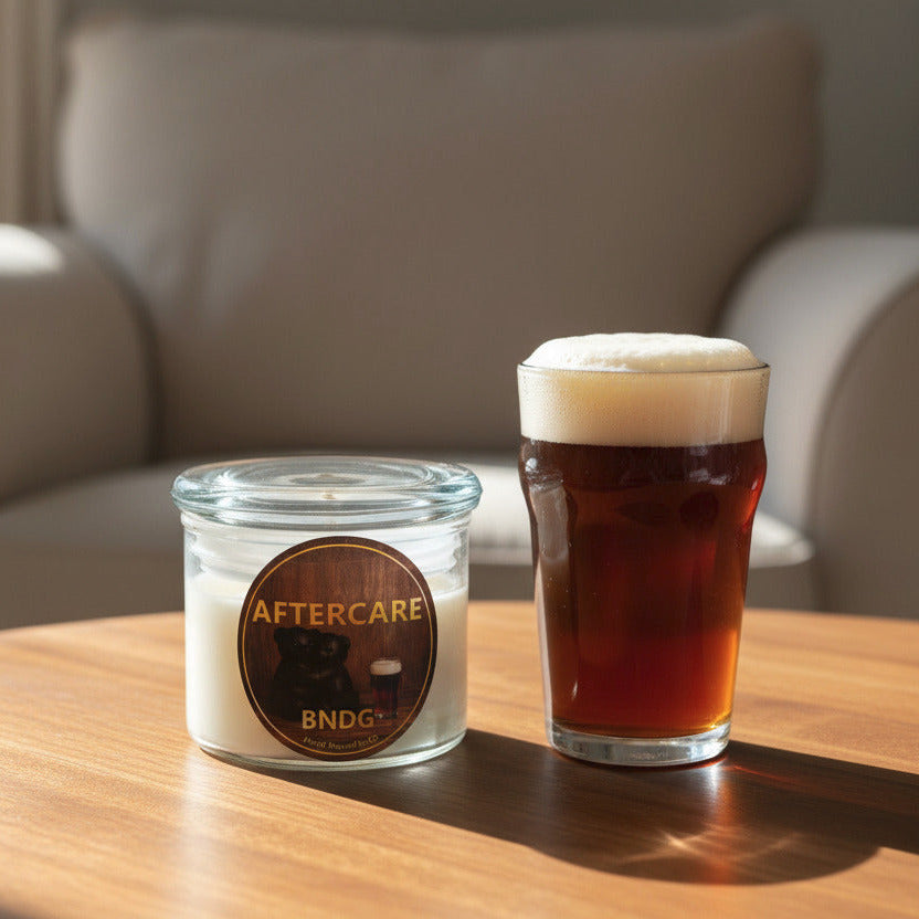 Jar of candle with 'Aftercare"-scent on a table with a glass of beer in a cozy living room