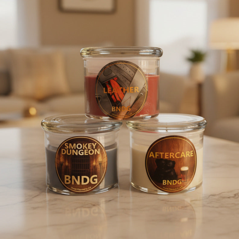 3 candle jars on a stone table in a living room