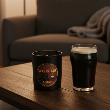 a black candle jar with "Aftercare"-scent on a table with a glass of beer with a lounger in the background