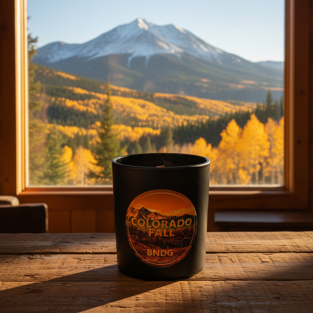 A black candle jar with "Colorado Fall"-scent and the view of Longs Peak in the fall