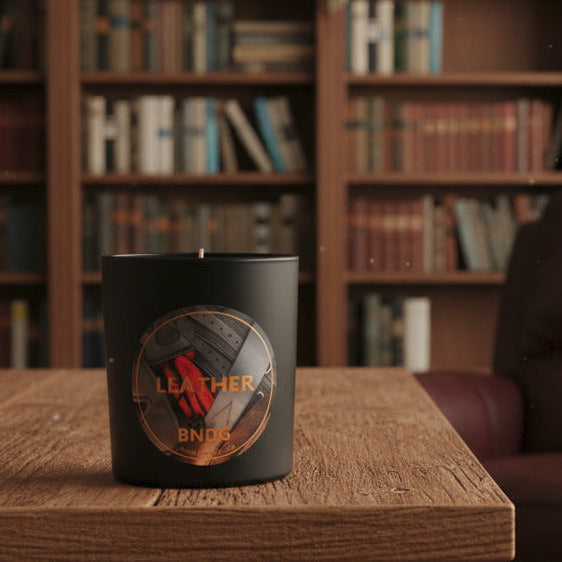 Black Candle Jar with "Leather"-scent on a wooden table in a private library