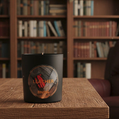 Black Candle Jar with "Leather"-scent on a wooden table in a private library