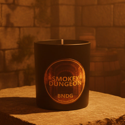black candle jar on a stone table, masonry wall