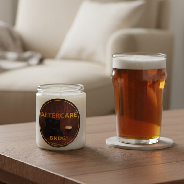 a candle jar with "Aftercare"-scent on a table with a glass of beer and a cozy sofa in the background 