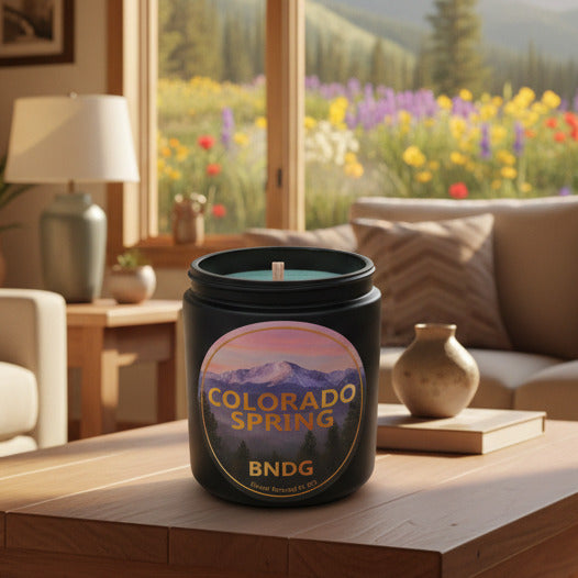 Black Candle jar with "Colorado Spring"-scent on a table in a cozy mountain cabin,