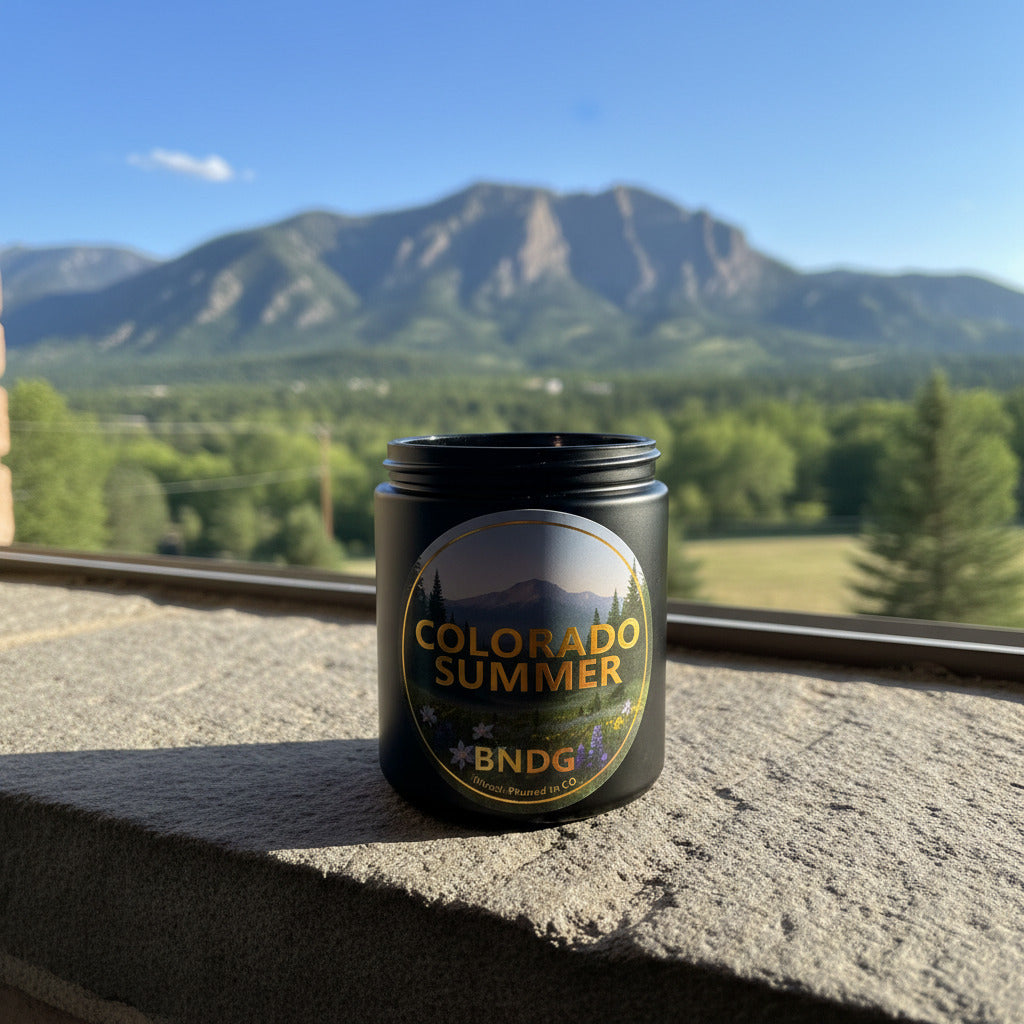 A black candle jar with "Colorado Summer"-scent on a stone window sill and the Flat Irons in the background