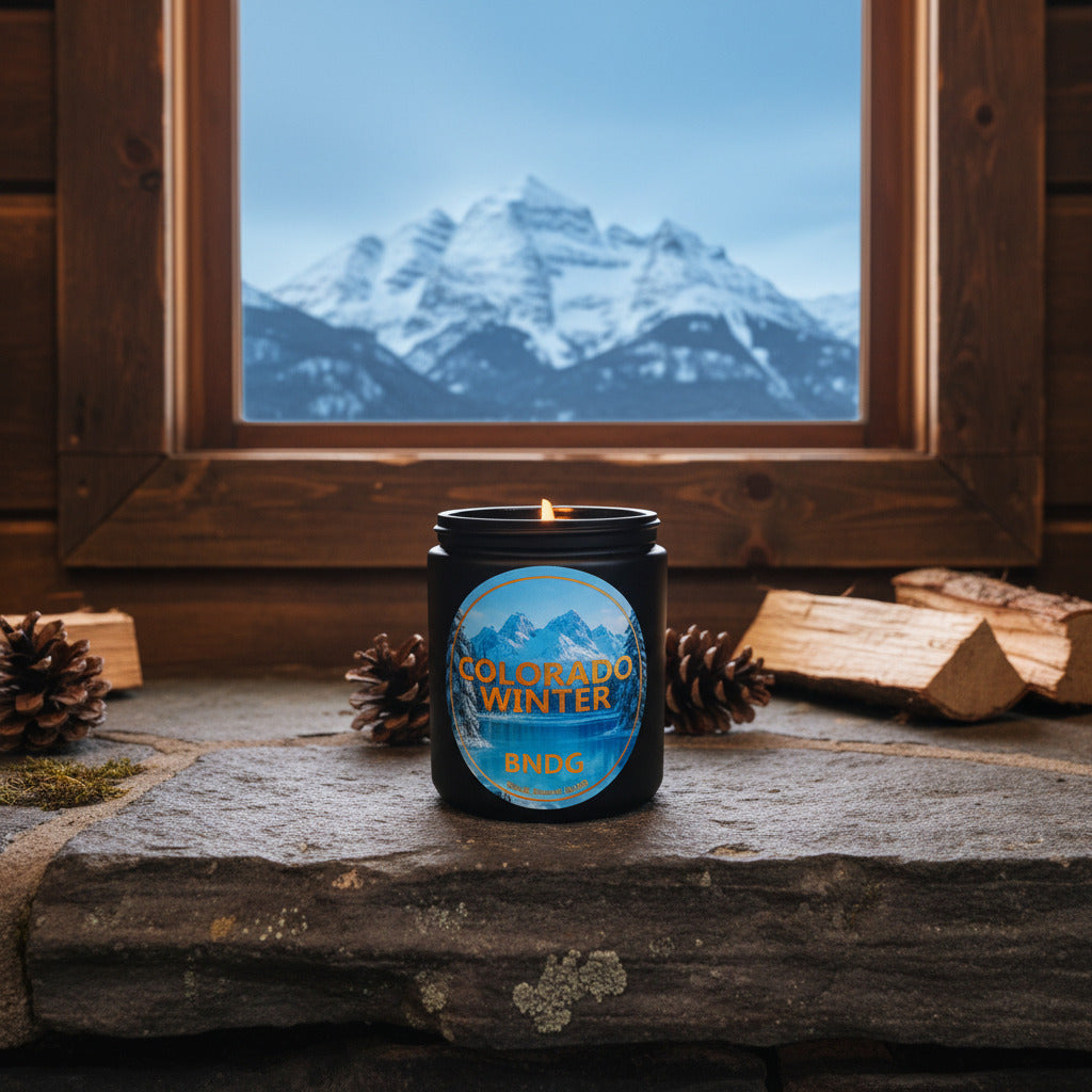 black candle jar with "Colorado Winter"-scent on a stone table with a view of the maroon Bells in winter