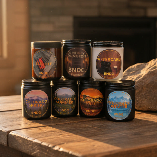 7 candle jars on a wooden table with a fireplace in the background
