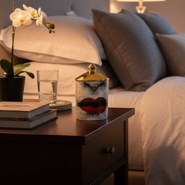 cylindrical container candle with surrealist art of red lips and a golden lid 