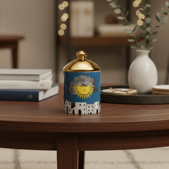 A small cylindrical lidded container with a blue illustrated body, featuring a yellow sun, gray cloud, and white building motif, topped with a shiny gold lid on a coffee table