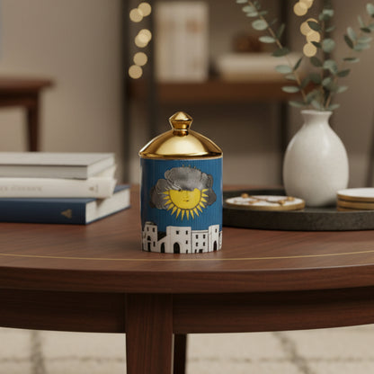 A small cylindrical lidded container with a blue illustrated body, featuring a yellow sun, gray cloud, and white building motif, topped with a shiny gold lid on a coffee table