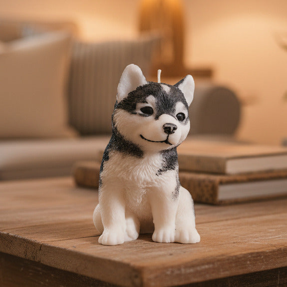 hand-painted, black and white husky puppy candle on a living room table
