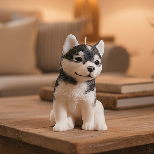 hand-painted, black and white husky puppy candle on a living room table
