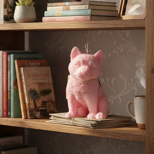 pink husky puppy candle in a book shelf