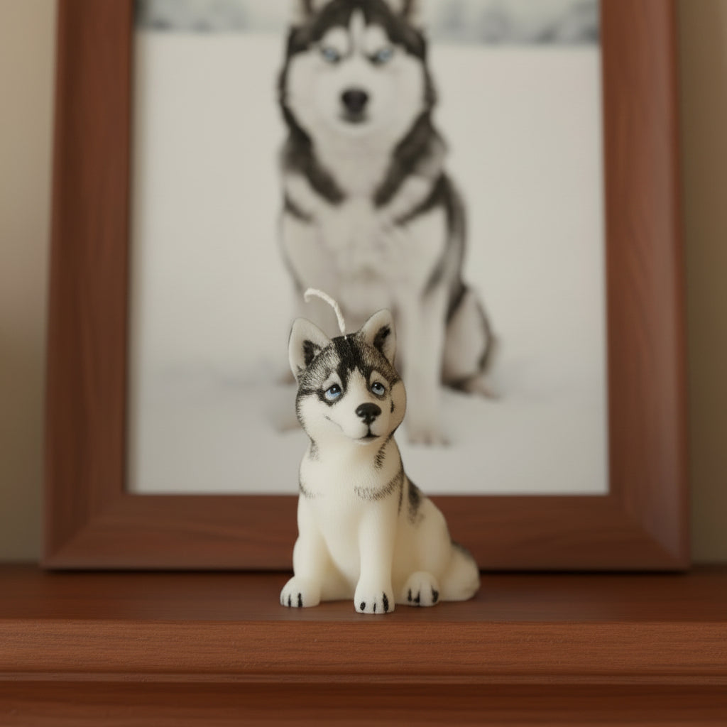 Small hand-painted black and white husky candle with a picture of a husky in the background
