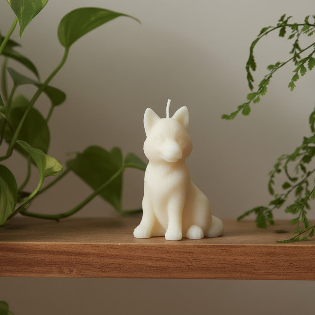 small, white husky candle on a shelf between plants