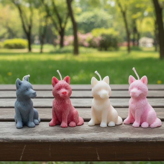 Four small husky candles (grey, red, white, and pink) sitting on a park bench.