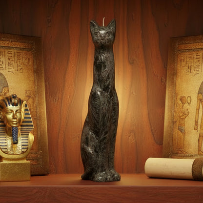 a black cat candle with a palmwax pattern in a shelf with egyptian art