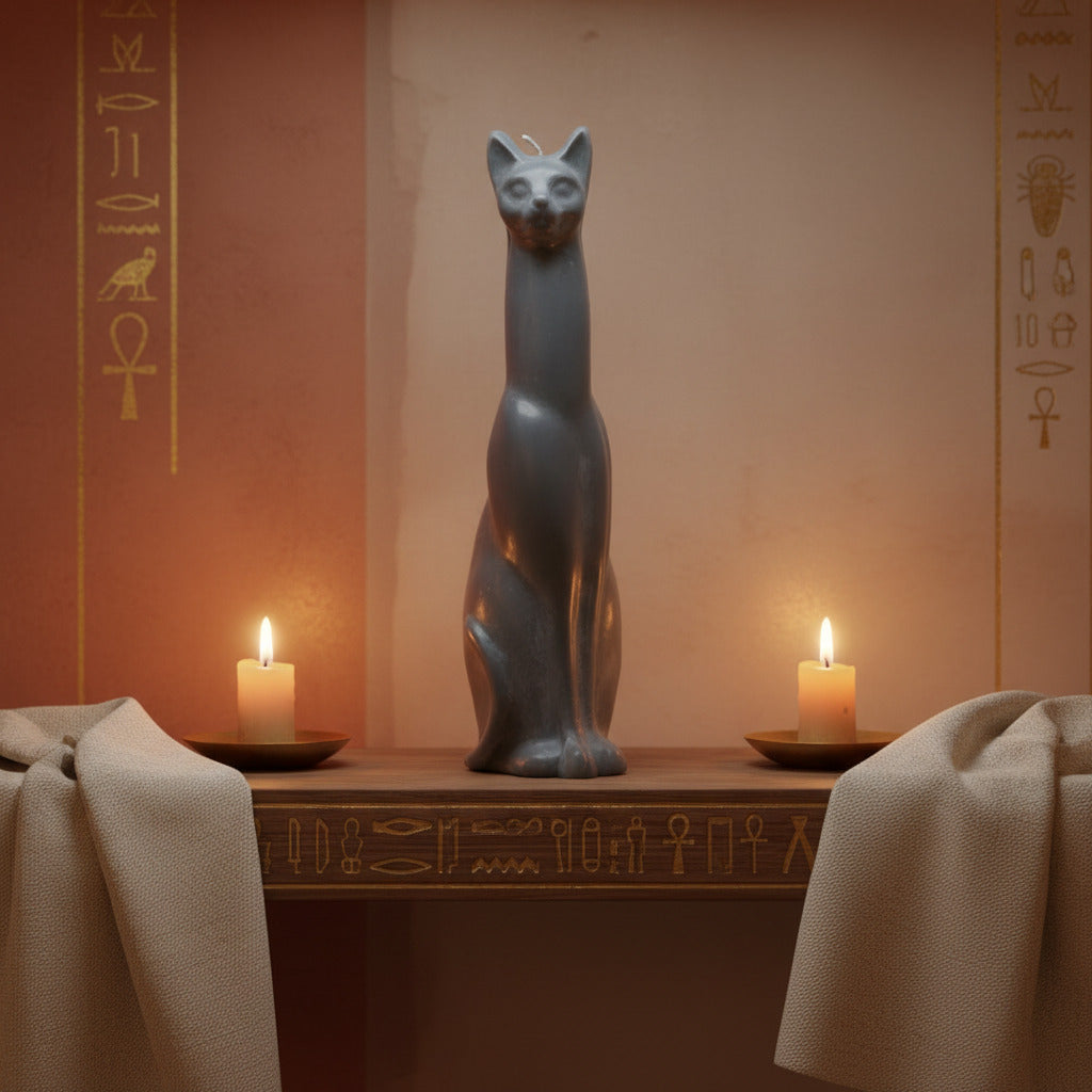 A tall black Egyptian cat candle on a shelf with candles and Egyptian hieroglyphs