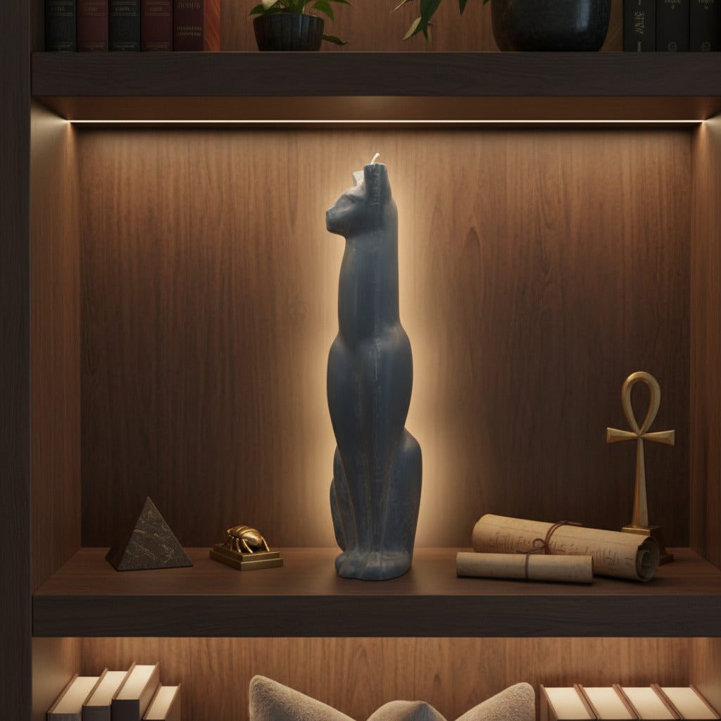 a tall, grey egyptian cat in a bookshelf, backlit, with egyptian art and decor