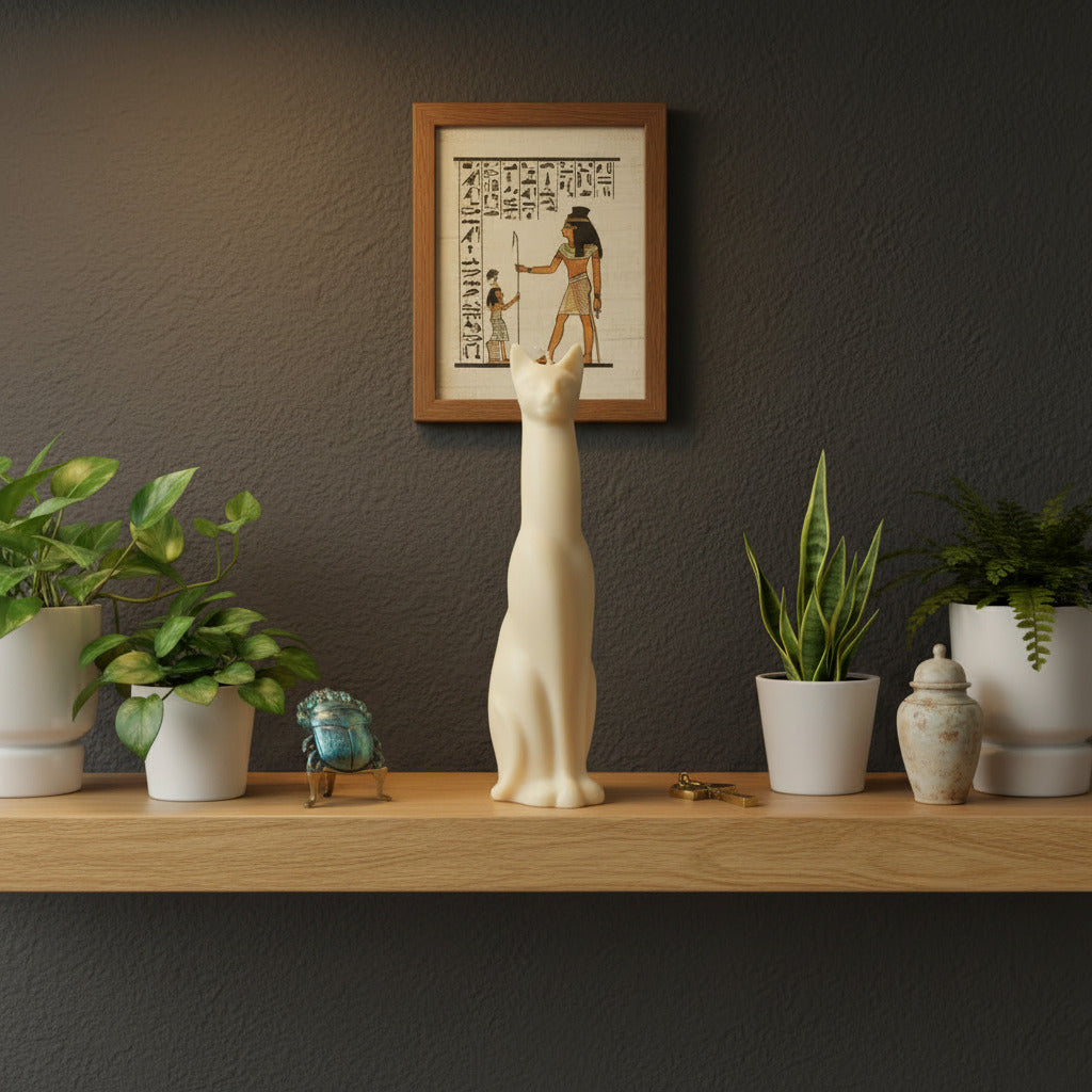 a tall, white egyptian at candle ona shelf with plants, a scarab and egyptian wall art