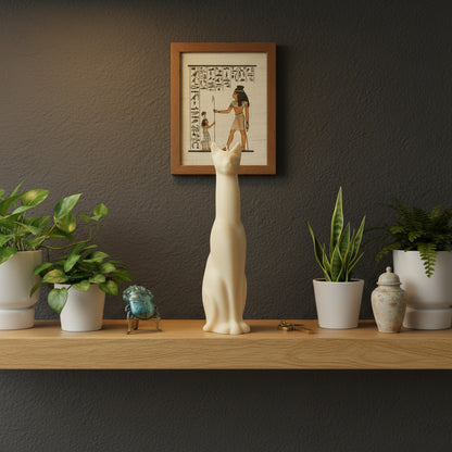 a tall, white egyptian at candle ona shelf with plants, a scarab and egyptian wall art