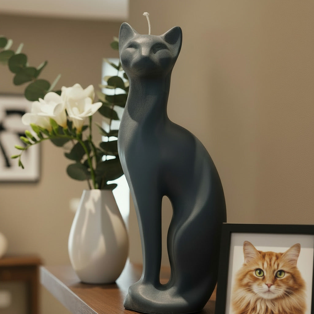 a dark grey modern cat candle on a shelf with flowers and a cat photo