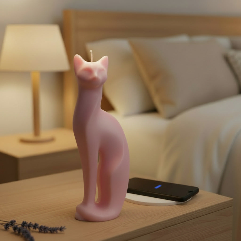 pink modern cat candle on a nightstand with a cat image and phone