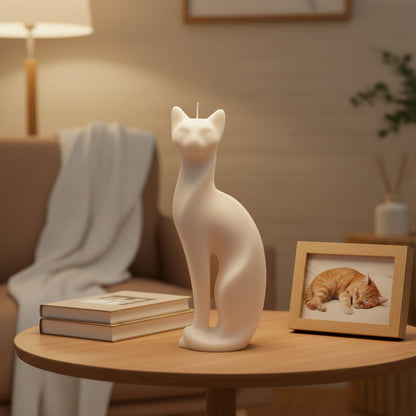 a white modern cat candle on a side table