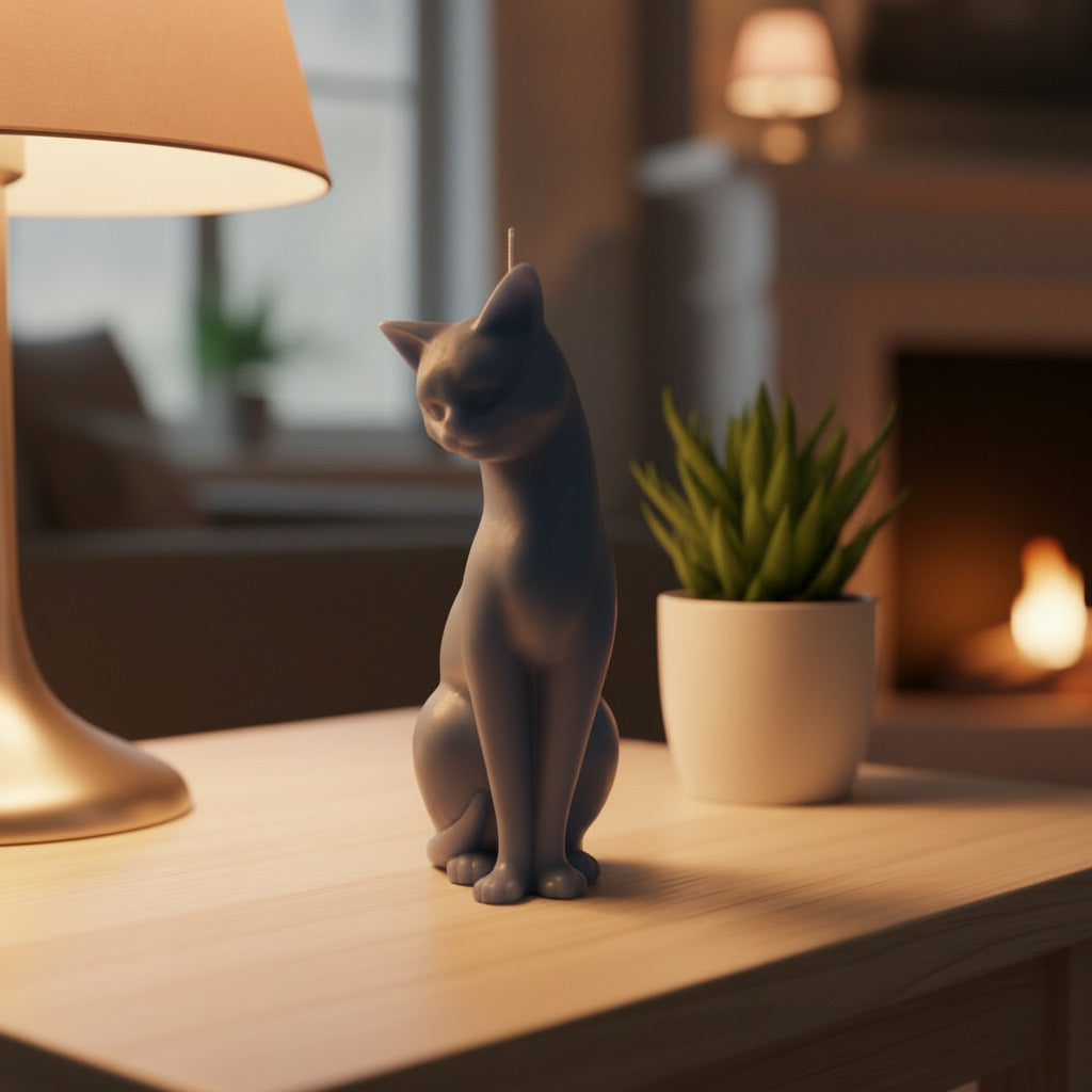gray shy cat candle on a side table