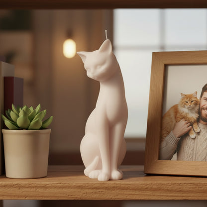 white shy cat candle in a shelf with plant and picture