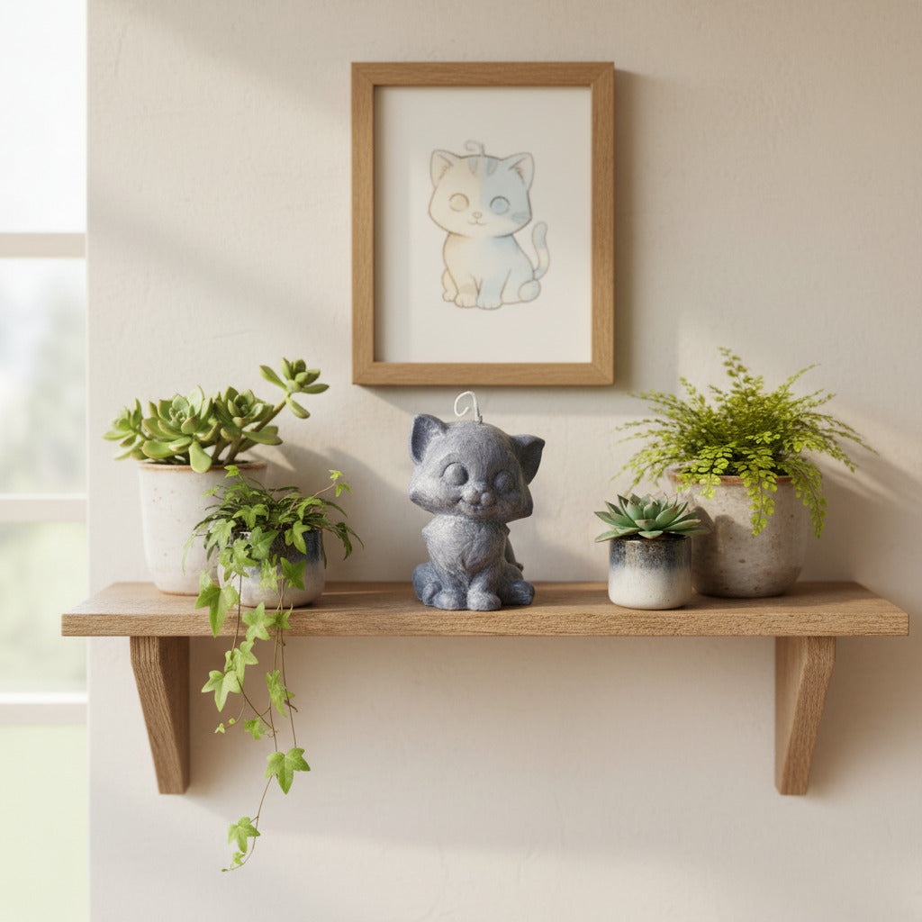 a grey kitten candle on a shelf with plants and a cat drawing on the wall