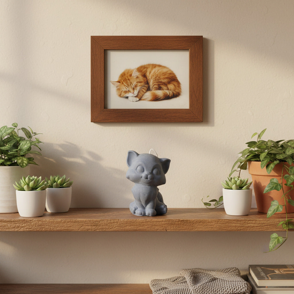 a grey cat candle and plants on a shelf with a cat image above