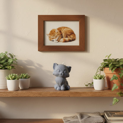 a grey cat candle and plants on a shelf with a cat image above