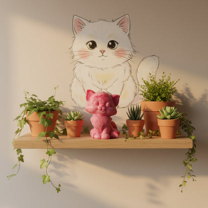 a red cat candle on a shelf with plants and a kitten drawing on the wall