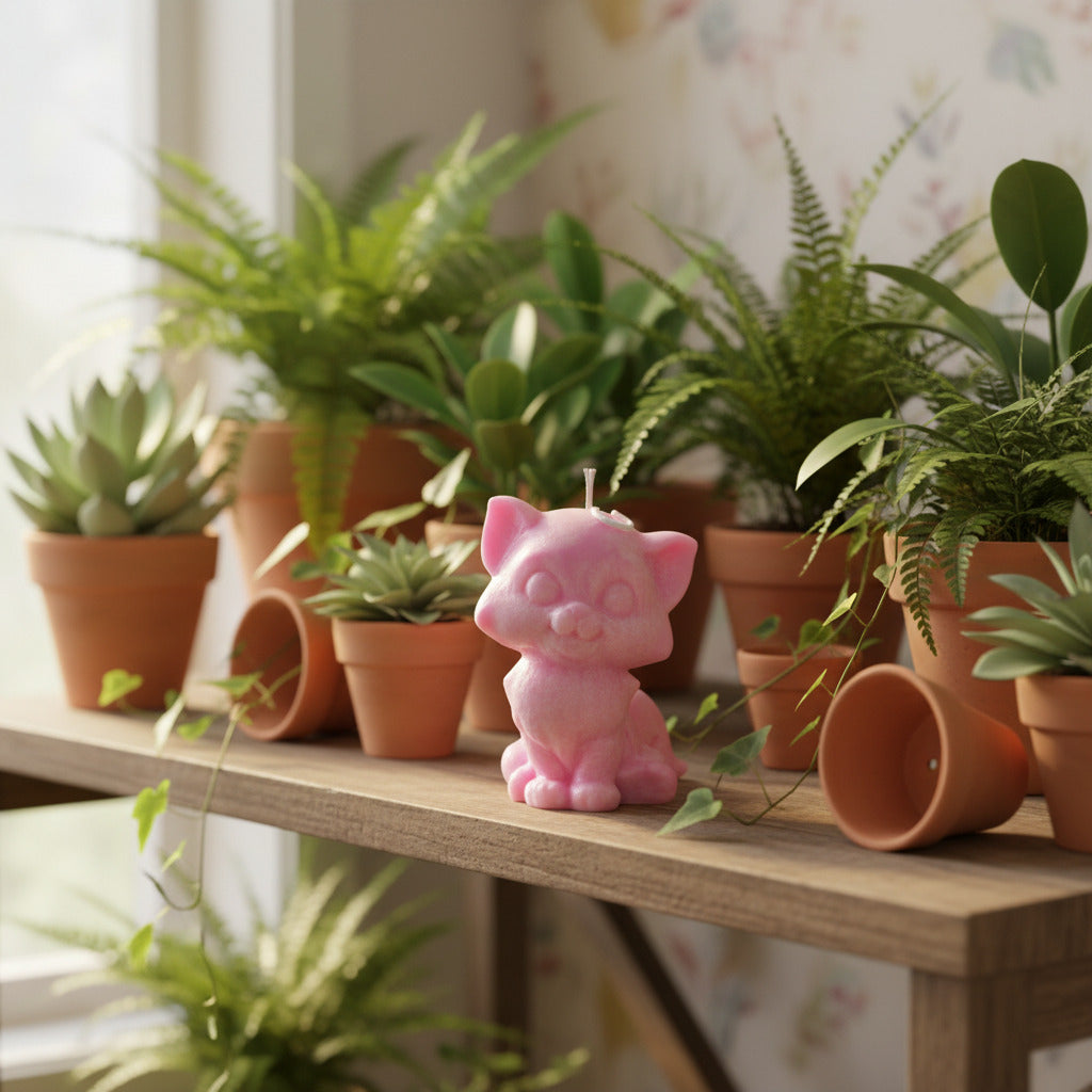 a pink cat candle on a shelf with plants