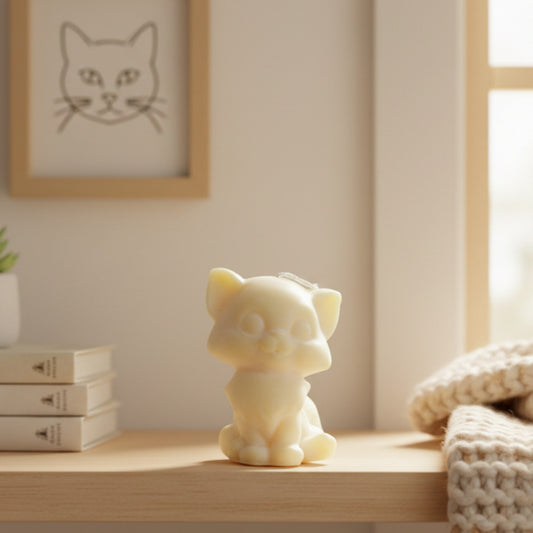 a cute, white cat candle on a shelf with books and a cat drawing on a wall