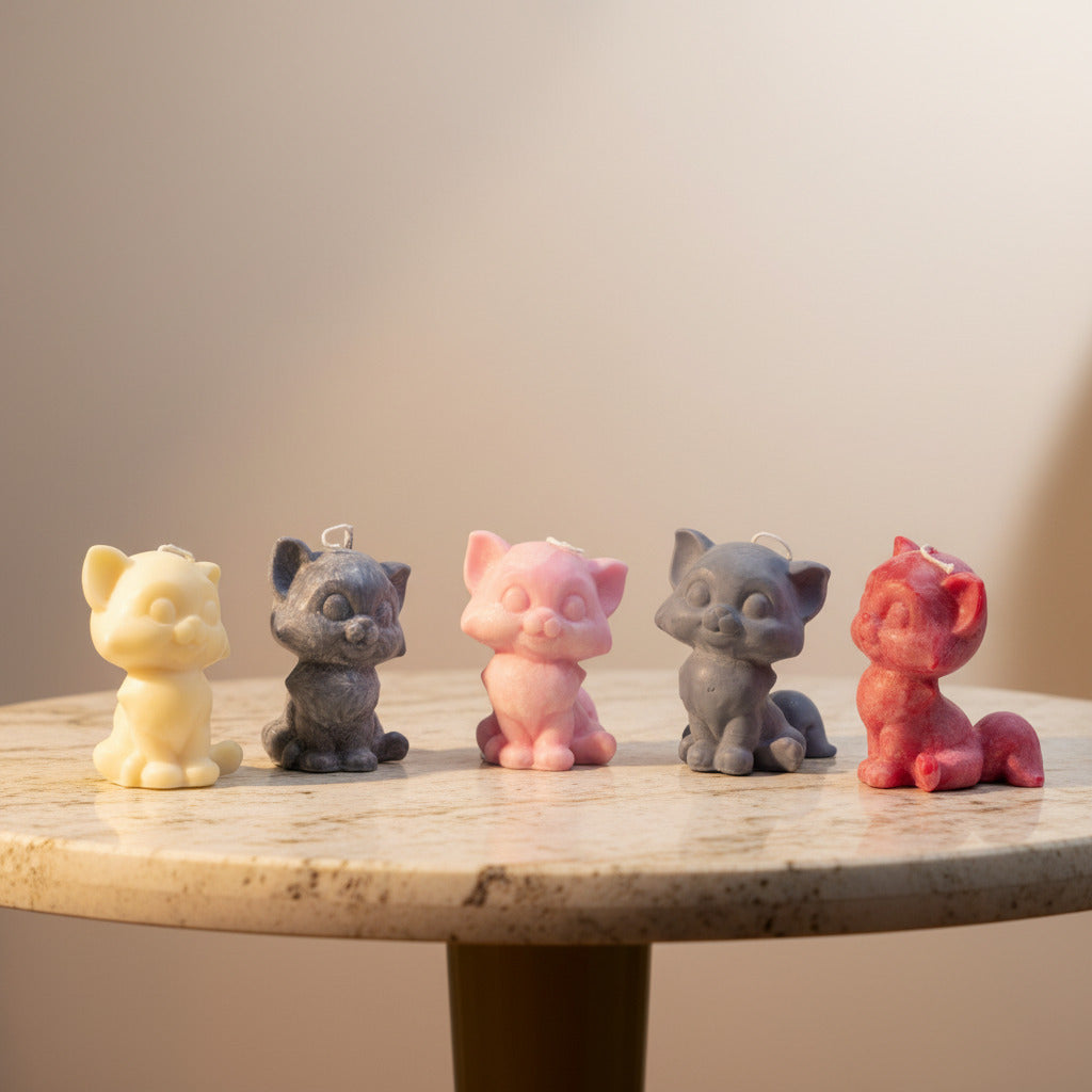 5 small, cute cat candles on a stone table with bright background