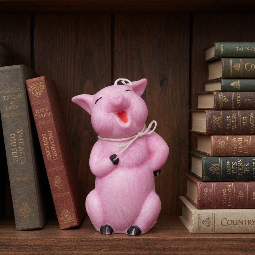 Happy Pig candle in a book shelg