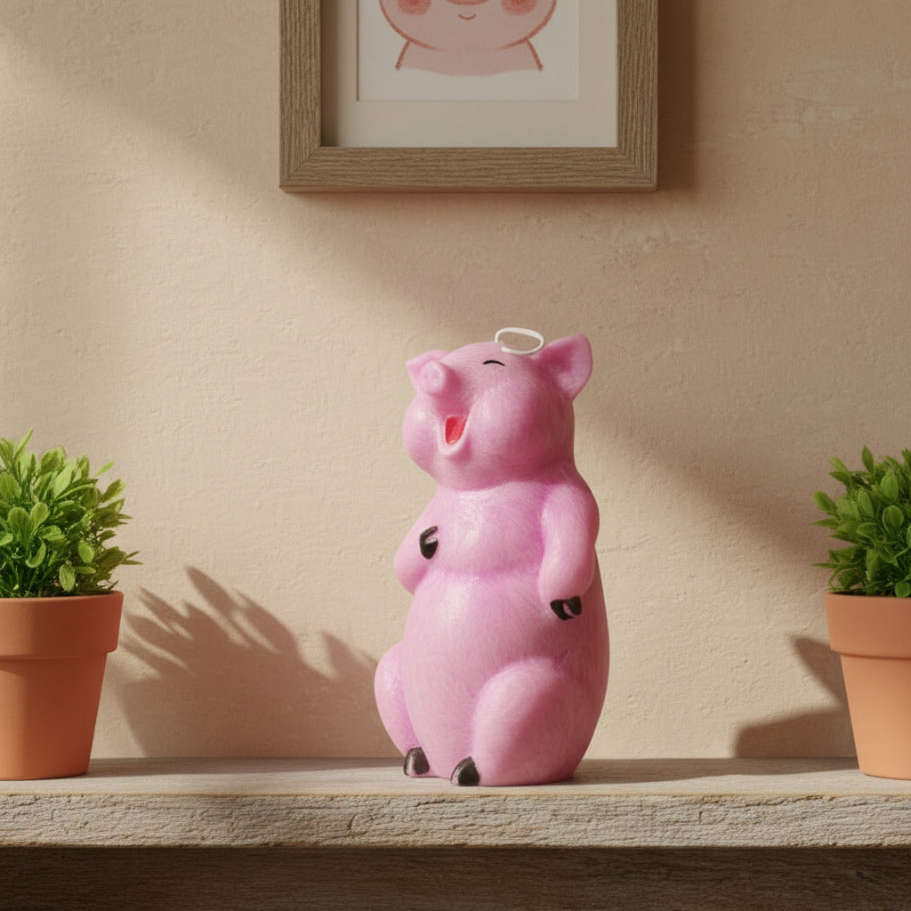 a happy pig candle on a shelf with plants and a picture on the wall
