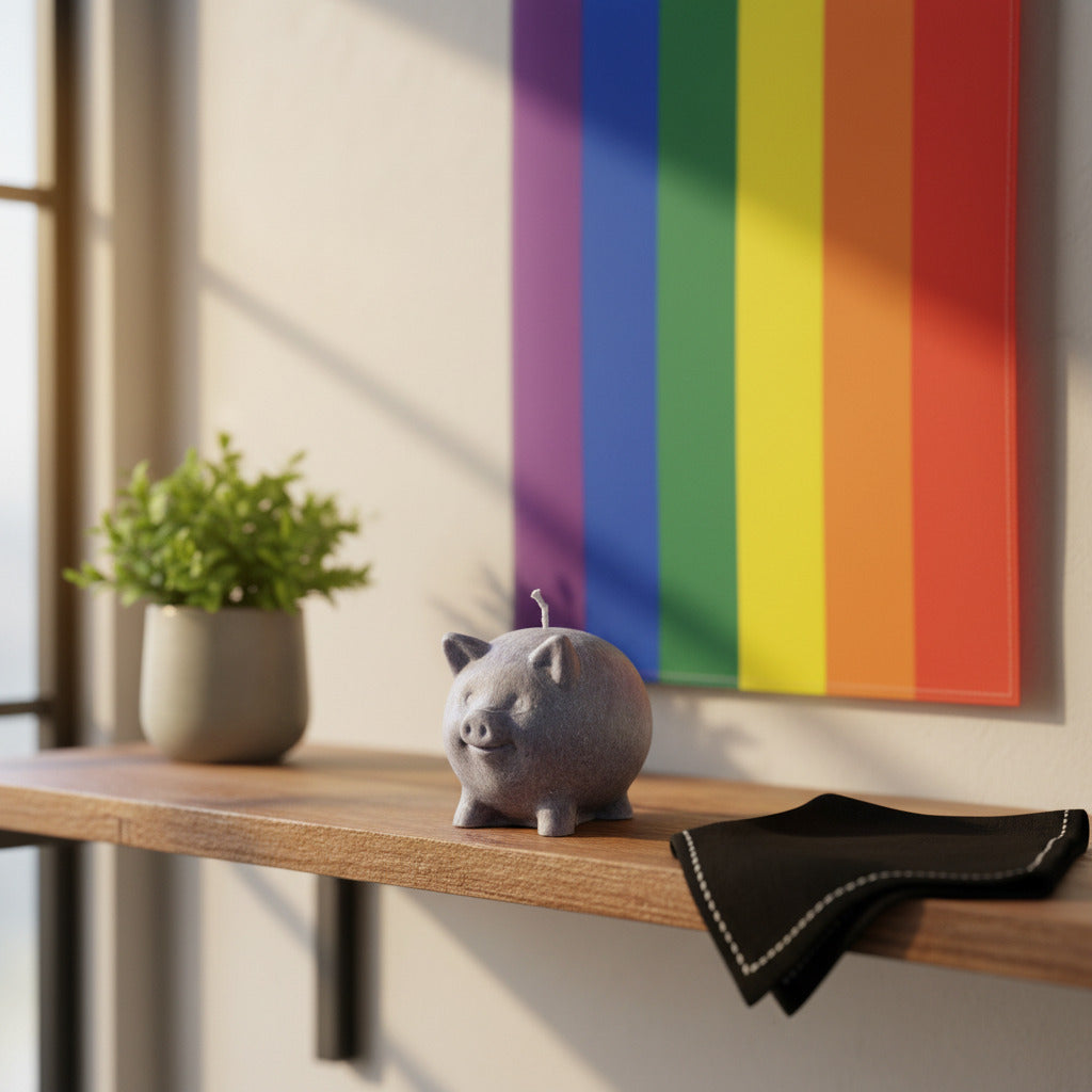 a black pig candle on a shelf with a plant and a black handkerchief. A prideflag is hanging on the wall