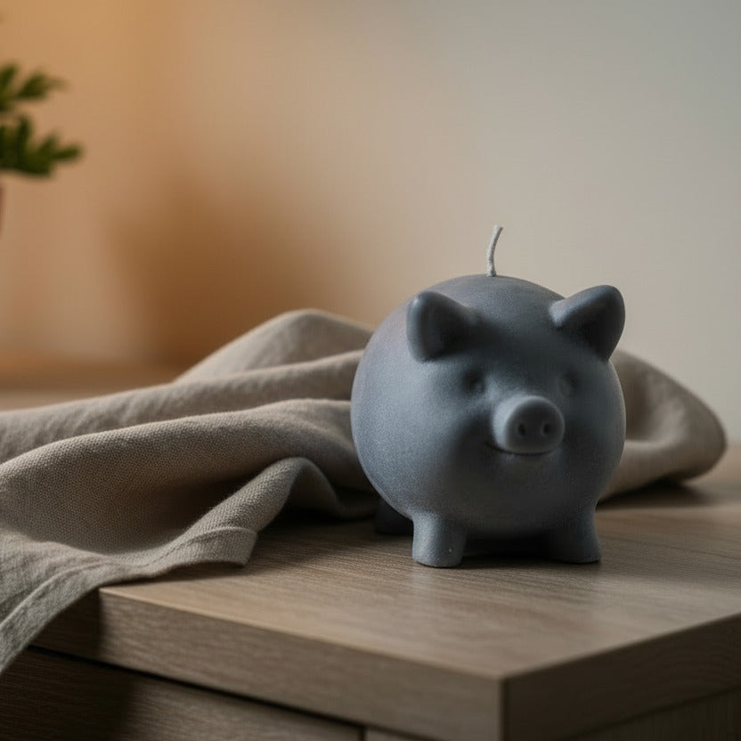 a dark grey pig on a nightstand with a grey handkerchief.